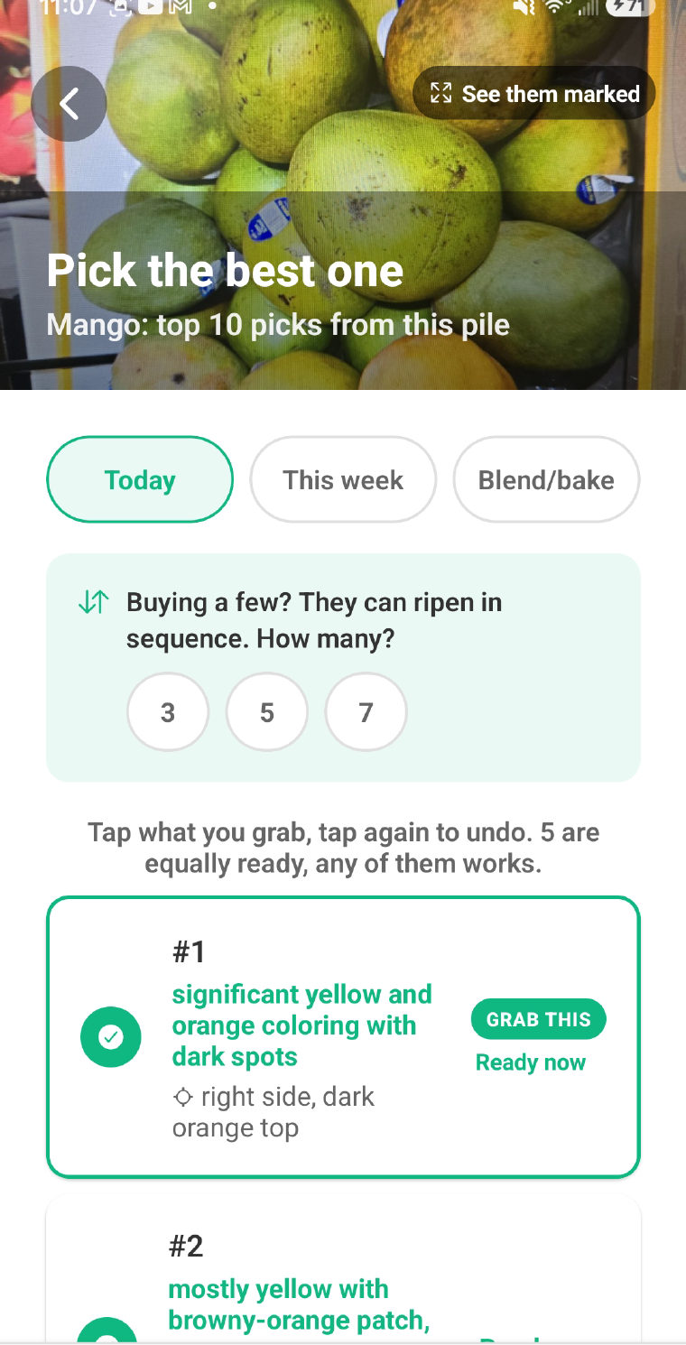 RIPE result screen: Pick the best one, mango, top ten picks from this pile, with GRAB THIS and Ready now on number one.
